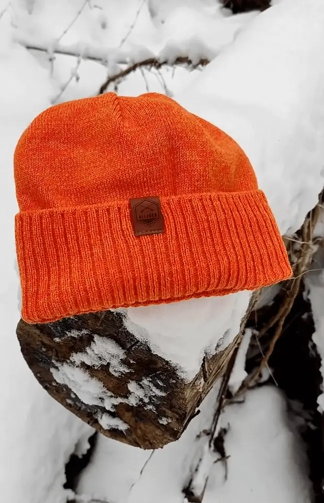 Alljagd Patch Mütze in Orange im Schnee auf Baumstamm